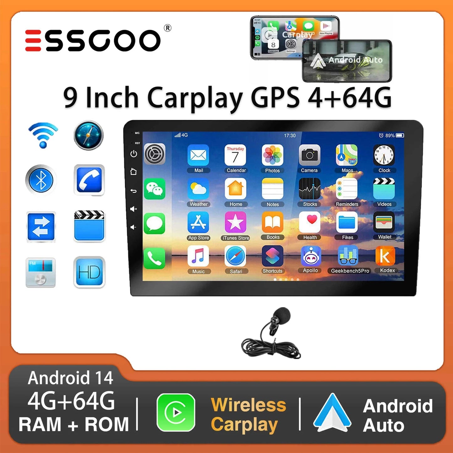 ESSGOO 9Inch 2 DIN Car Stereo Radio Wirless Carplay Android Auto Car Stereo Bluetooth 64G GPS Navigation RDS WiFi USB FM DAB+CAM