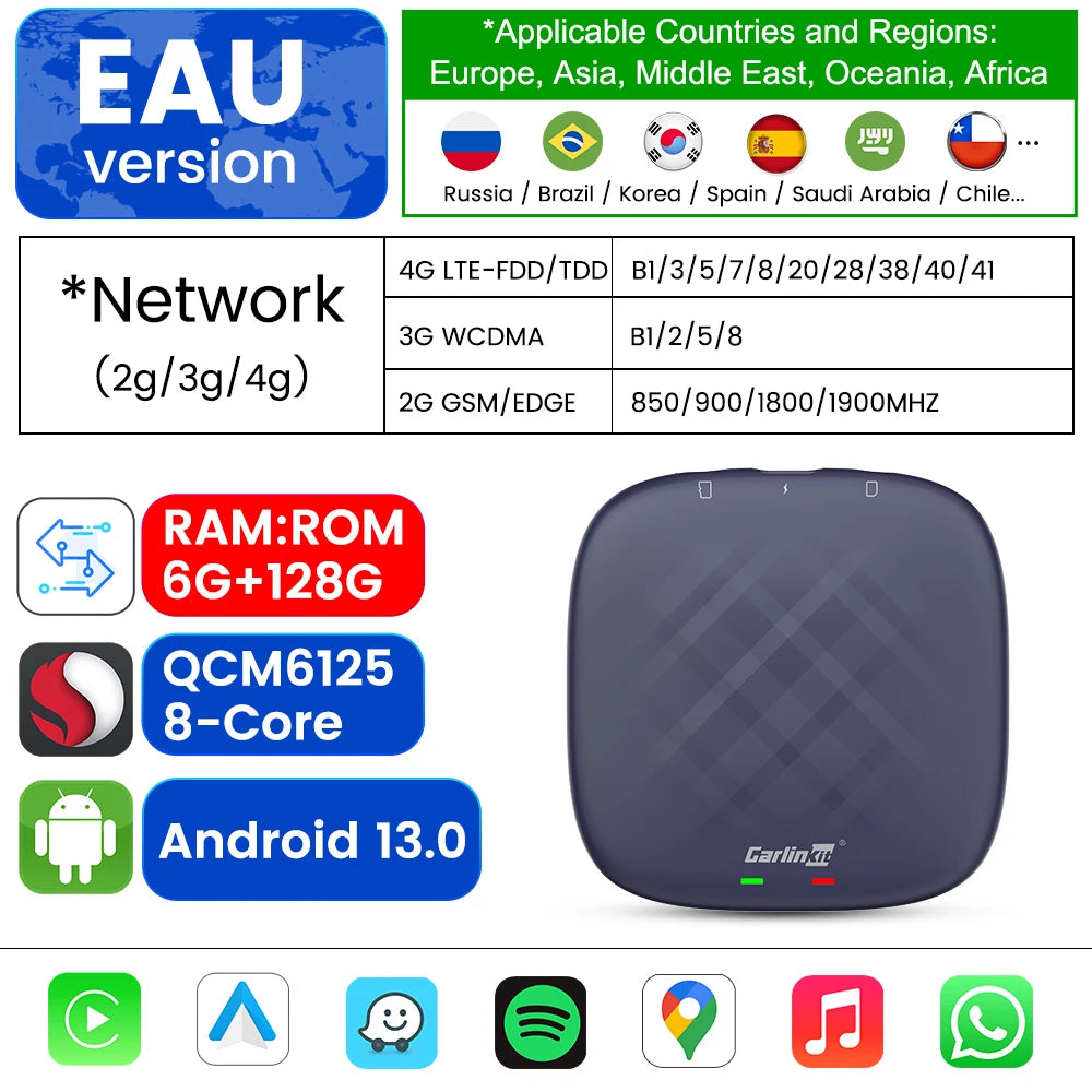 CarlinKit CarPlay Ai TV Box Android 13 QCM6125 Wireless CarPlay Android Auto 4G LTE Smart Car Play Streaming Box 8G 128G FOTA