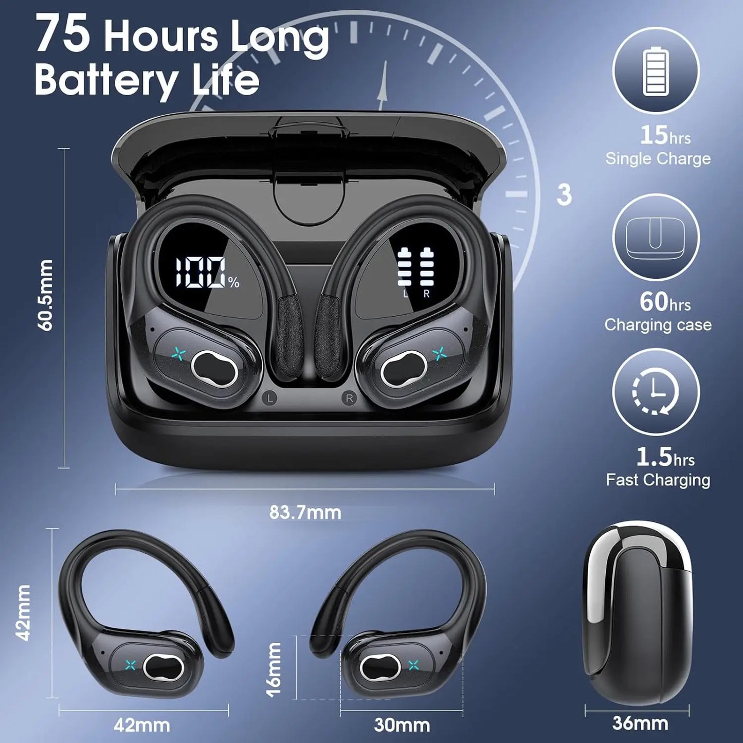 Wireless Earbuds with 75hrs Playtime, Bluetooth 5.4, Deep Bass, ENC Noise Cancelling Mic, IPX7 Waterproof for Sports