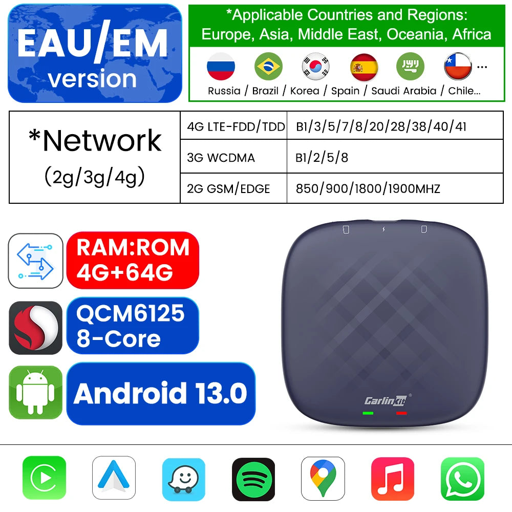 CarlinKit CarPlay Ai TV Box Android 13 QCM6125 Wireless CarPlay Android Auto 4G LTE Smart Car Play Streaming Box 8G 128G FOTA