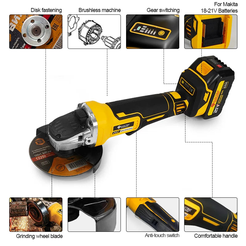 EDOG DCG406 Brushless Angle Grinder Cordless Metal Polishing Machine Cutting Woodworking Power Tool For Makita 21V Battery Pin