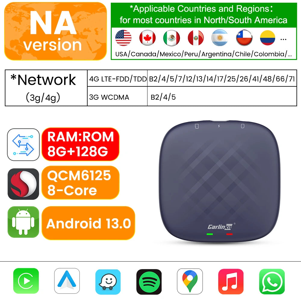 CarlinKit CarPlay Ai TV Box Android 13 QCM6125 Wireless CarPlay Android Auto 4G LTE Smart Car Play Streaming Box 8G 128G FOTA