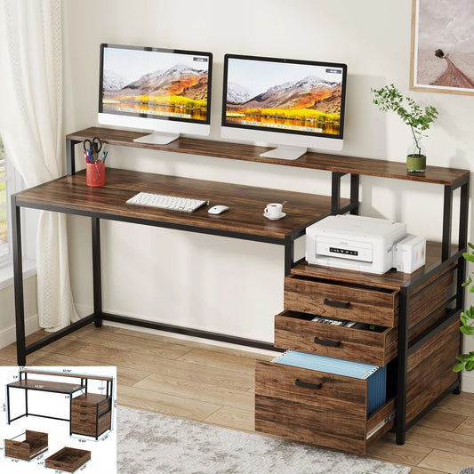 L-Shaped Computer Desk with 3 Drawers,Home Office Desk with Shelves, 53-Inch Industrial PC Desk for Small Space, Rustic Brown