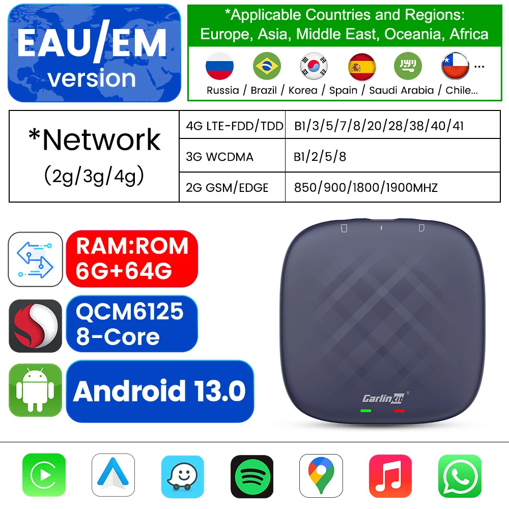 CarlinKit CarPlay Ai TV Box Android 13 QCM6125 Wireless CarPlay Android Auto 4G LTE Smart Car Play Streaming Box 8G 128G FOTA