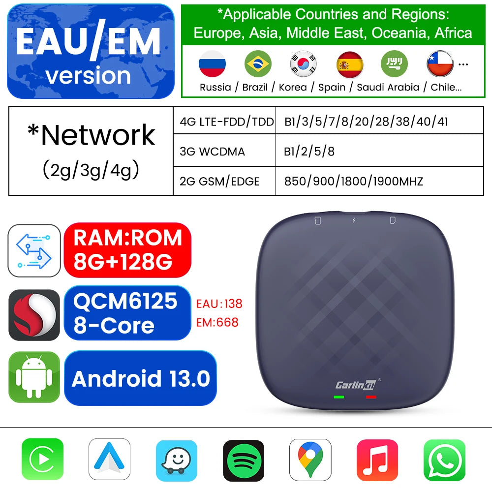 CarlinKit CarPlay Ai TV Box Android 13 QCM6125 Wireless CarPlay Android Auto 4G LTE Smart Car Play Streaming Box 8G 128G FOTA