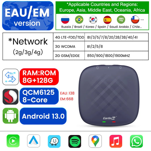 CarlinKit CarPlay Ai TV Box Android 13 QCM6125 Wireless CarPlay Android Auto 4G LTE Smart Car Play Streaming Box 8G 128G FOTA