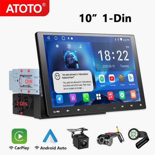 ATOTO 10 inch Android Car Stereo Single 1 Din Retractable Screen Apple CarPlay Android Auto 1Din Car Bluetooth Radio Head Unit